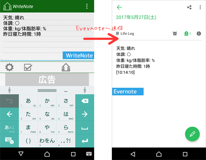 WriteNoteからEvernoteへ送信