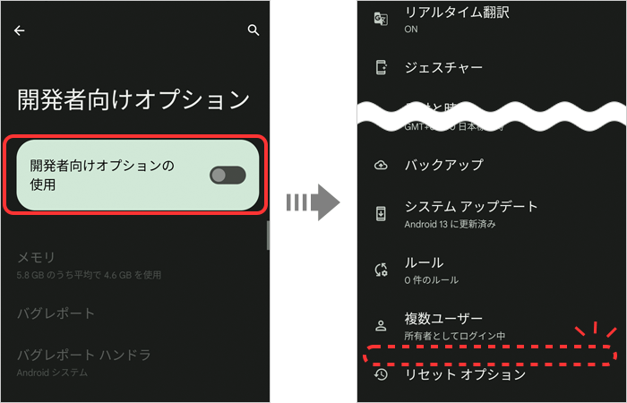 [ 開発者向けオプションの使用 ] をタップしてオフにする