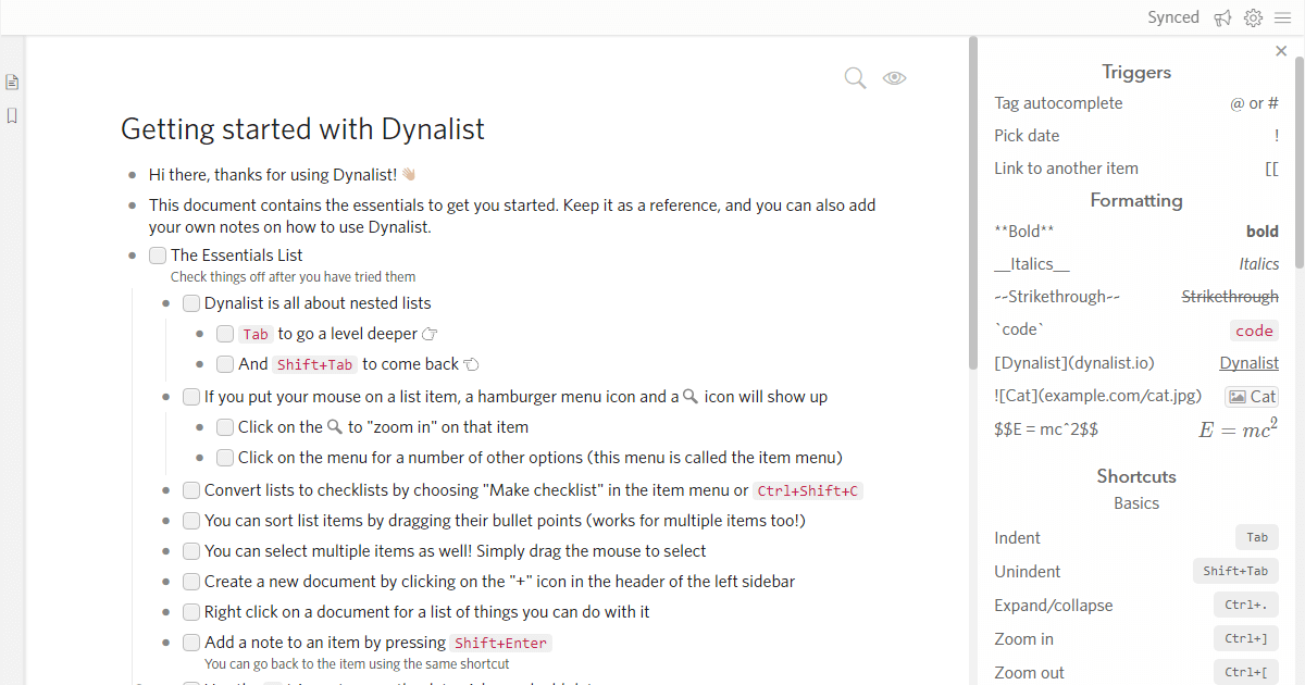 Web版 日本語訳 Dynalistの使い方 機能 ショートカットキー一覧 G Note