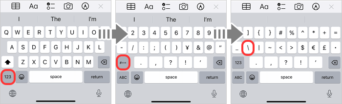 iPhoneのフルーキーボード(英語)「#+=」からバックスラッシュを出す