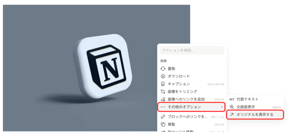 画像を右クリック→「その他のオプション」→「オリジナルを表示する」