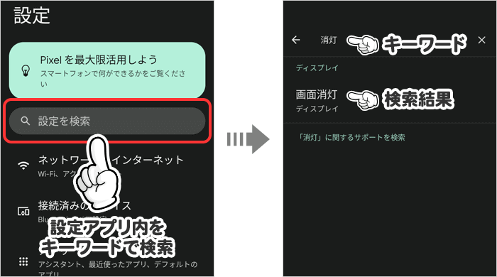 キーワードに関連する設定項目が表示されるので、そこから目的のものを探す